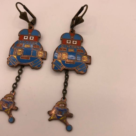 Disney 70’s Vintage V.I.N.CENT Robot Drop Chain Pendant Pierced Earrings RARE - Picture 3 of 8